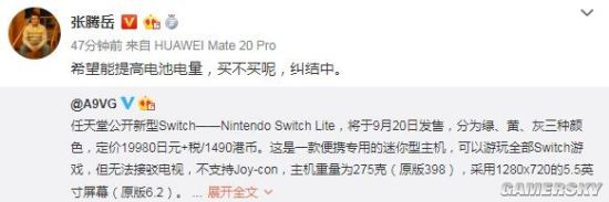 张腾岳纠结买不买Switch Lite：希望能提高电池电量