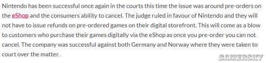 任天堂法庭再取胜：eShop预购不能退款属合法行为