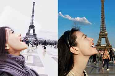 高圆圆晒出十年前后与巴黎铁塔合影对比照：美貌依旧_高圆圆巴黎时装周图片