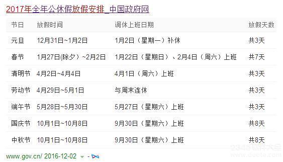 2017年春节是几月几号放假 2017全年法定放假安排时间表图日历