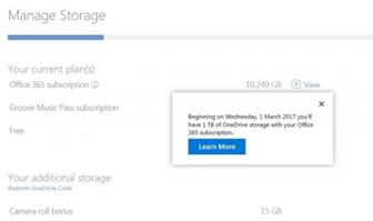 office 365云服务更改：只能享用1TBOneDrive空间