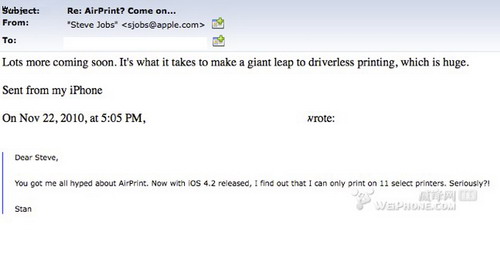 Steve Jobs：请耐心等待AirPrint支持更多打印机