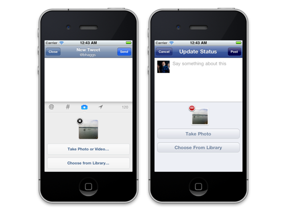 右为Facebook iOS应用界面左为Twitter iOS应用界面