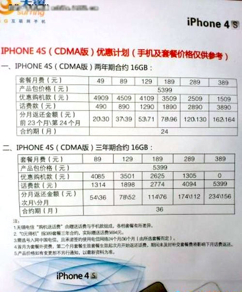 电信iPhone4S宣传单曝光 两年合约月套餐49元起