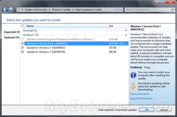 微软：Win7 SP1自动安装今日启动！