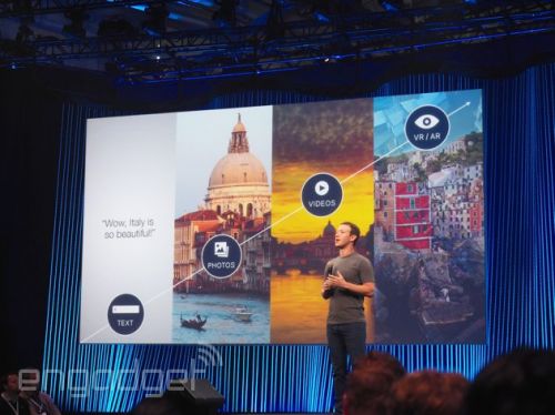扎克伯格在Facebook开发者大会上（图片来自Engadget）