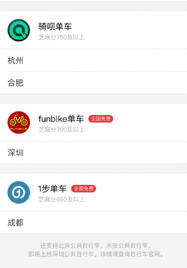 支付宝免费骑共享单车在哪些城市可以用？附城市名单