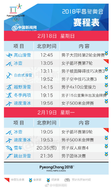 2018平昌冬奥会中国国家队赛程表【全】