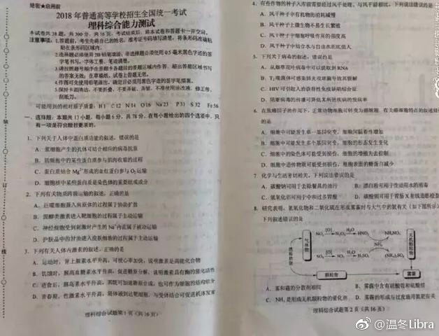 2018年高考理综真题试题全国卷及答案（含一卷二卷三卷）