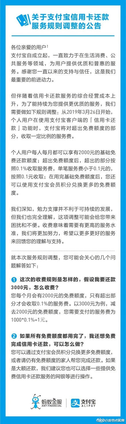 支付宝还信用卡要手续费吗？2019年3月26日起超2000收取0.1%