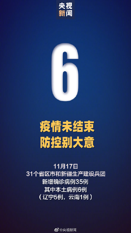 11月17日新增确诊病例35例 31省区市新增本土确诊病例6例