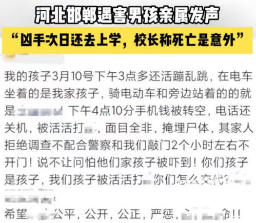 邯郸遇害男孩亲属称校长说死是意外_荒唐！邯郸遇害男孩亲属称校长说死是意外，凶手次日还去上学