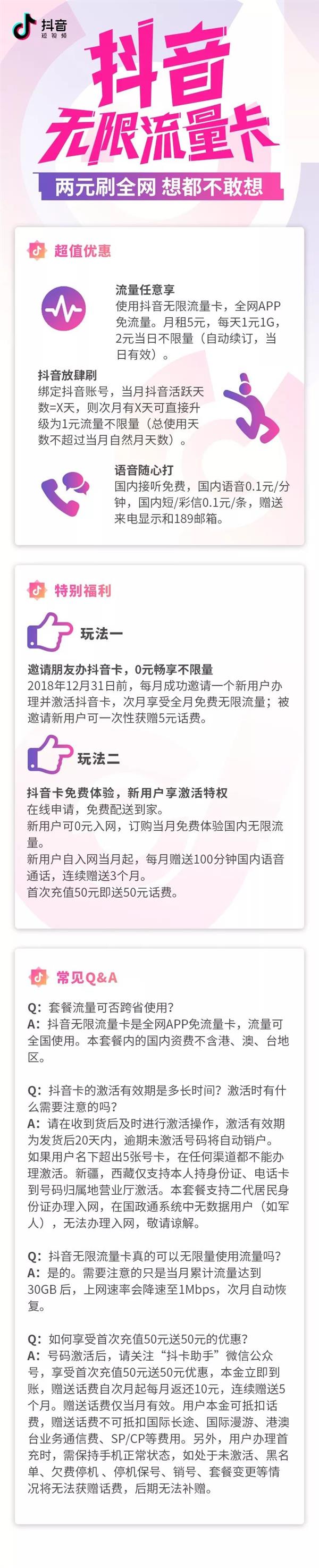 月租5元!抖音无限流量卡发布：新用户可0元入网