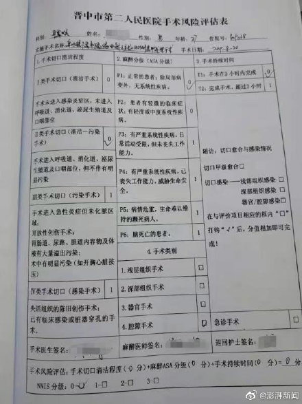 山西一博士手术后死亡怎么回事?尸检最新结果手术风险评估表曝光