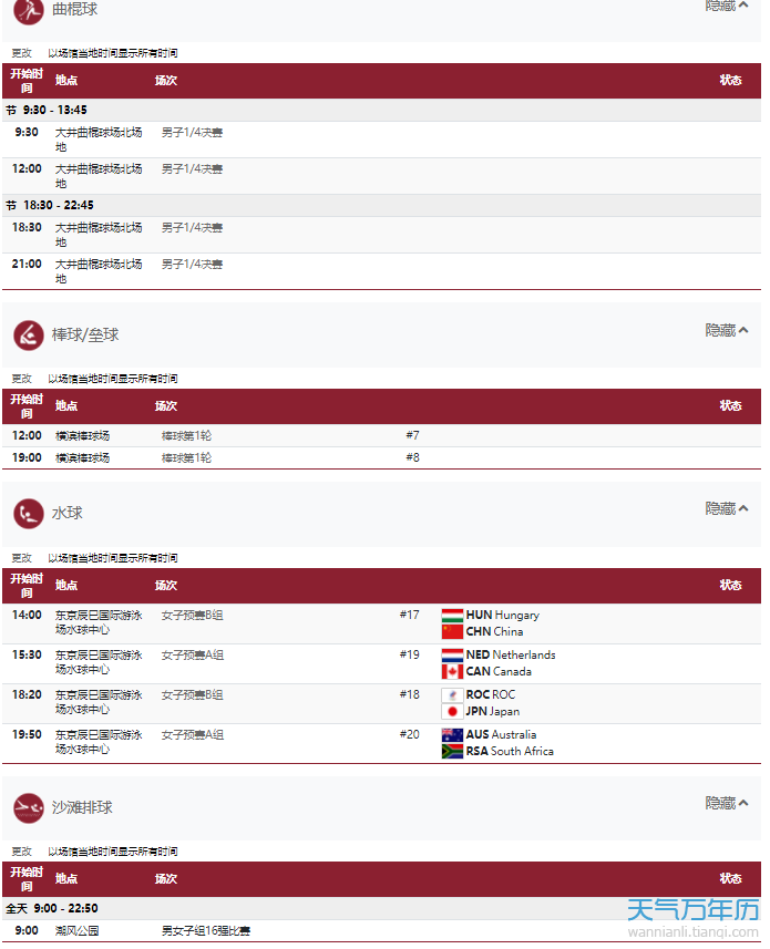 2021东京奥运会8月1日比赛详细赛程 2021东京奥运会8月1日比赛项目