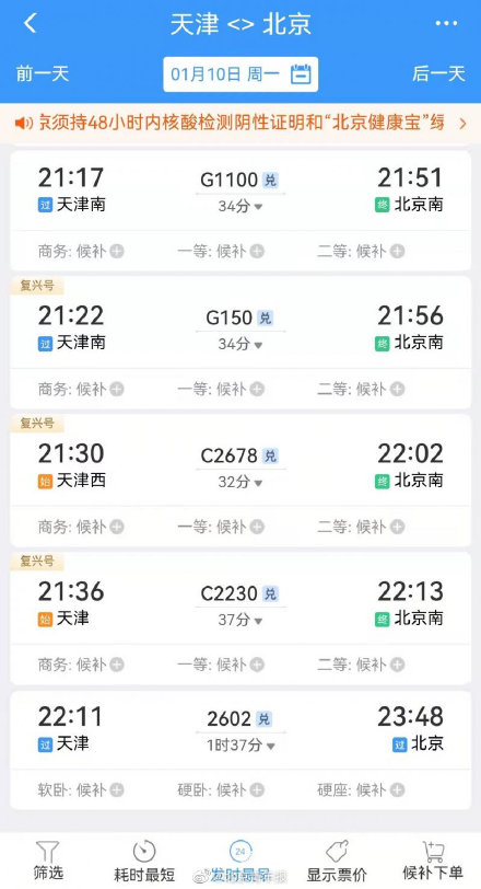 天津多站已停售进京车票 离开天津须48小时核酸阴性证明和绿码