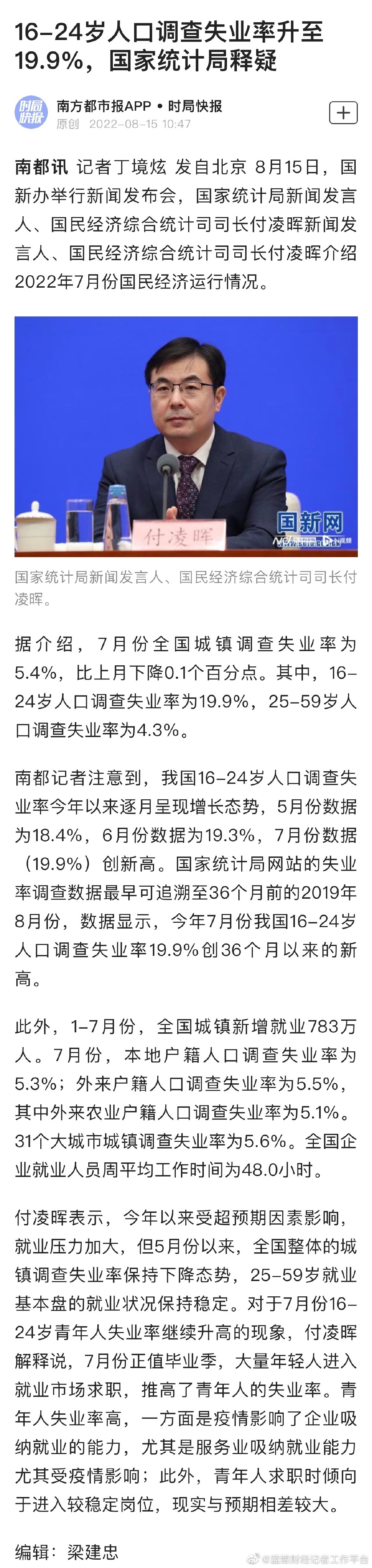 16至24岁人口调查失业率升至19.9% 统计局谈青年人失业率较高