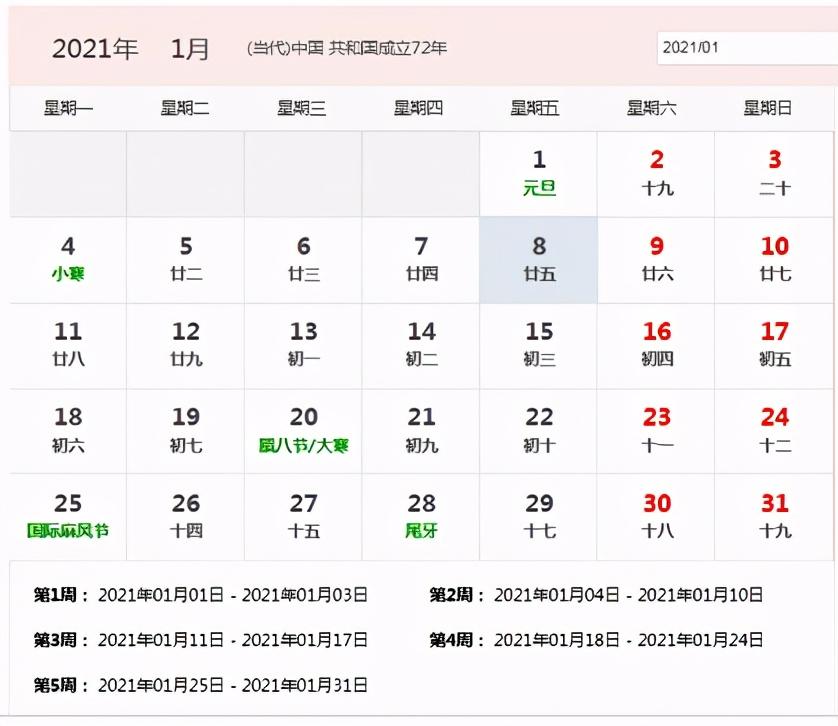 2021年日历表全年带农历（后附简单可编辑打印版）