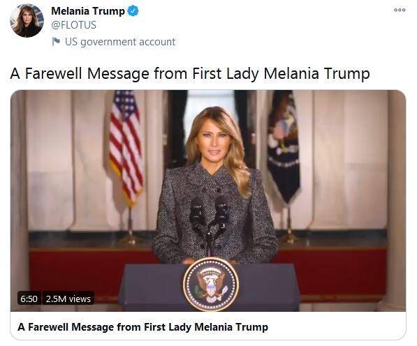 梅拉尼娅在推特上发表告别视频说了什么？担任美国是我一生中最幸
