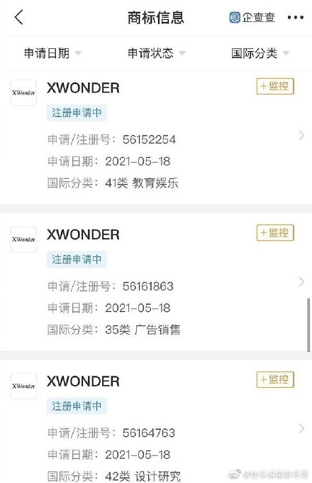 青你3出道？青你3出道团名XWONDER 天眼查显示商标注册