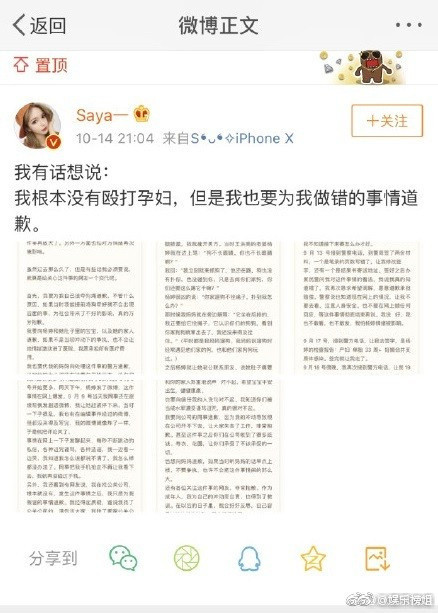 saya道歉但否认殴打 附孕妇回应截图