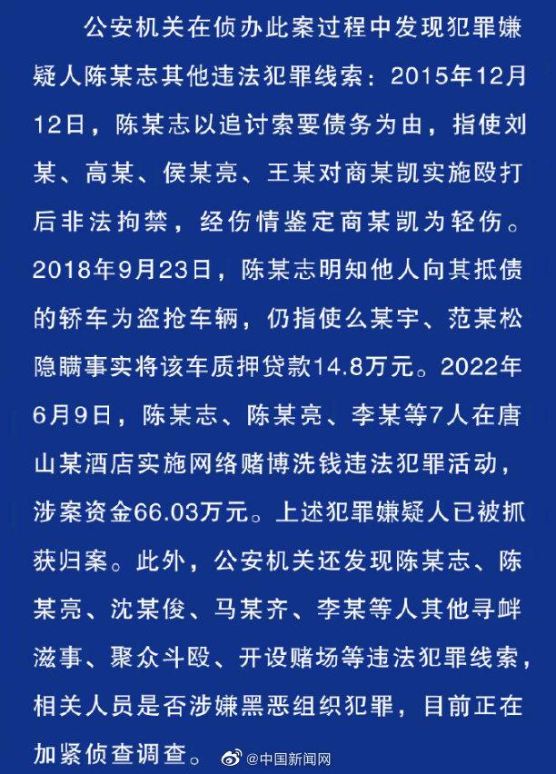 陈某志等7人在唐山涉66.03万 唐山打人案嫌犯陈某志涉其他犯罪